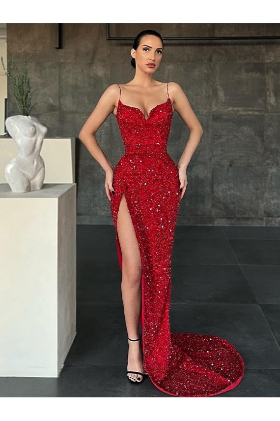 Red Sheath V-Neck Sweep Train Evening Gown / Prom Dress York