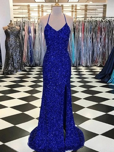 Royal Blue Sheath V-Neck Sweep Train Prom Dress / Evening Gown York