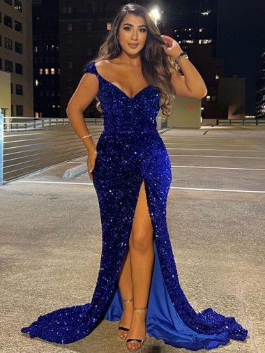 Royal Blue Sheath V-Neck Sweep Train Dress York