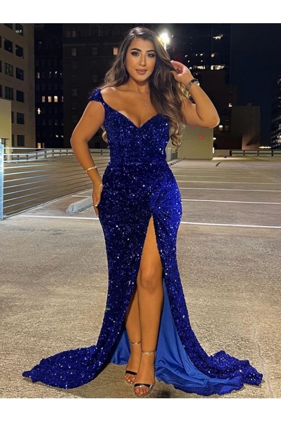 Royal Blue Sheath V-Neck Sweep Train Dress York