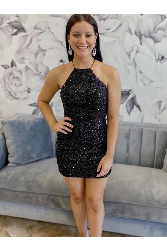 Black Sheath Halter Neck Short Prom Dress York