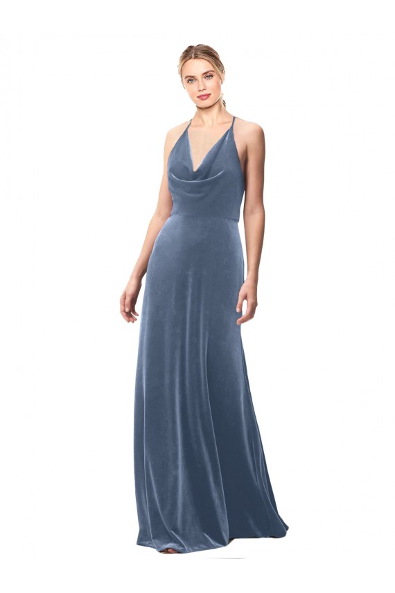Keyhole Back Dusty Blue A-Line Cowl Neck Long Prom Dress / Bridesmaid Dress York
