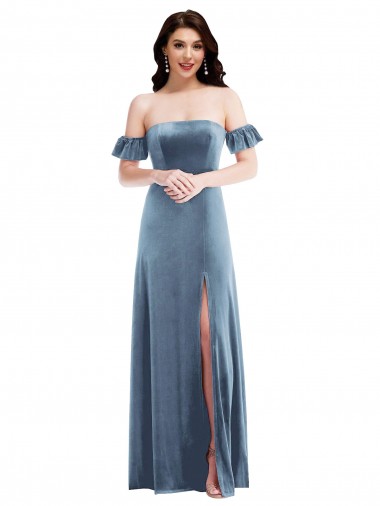 Low Back Dusty Blue A-Line Off the Shoulder Long Formal Dress / Bridesmaid Dress York