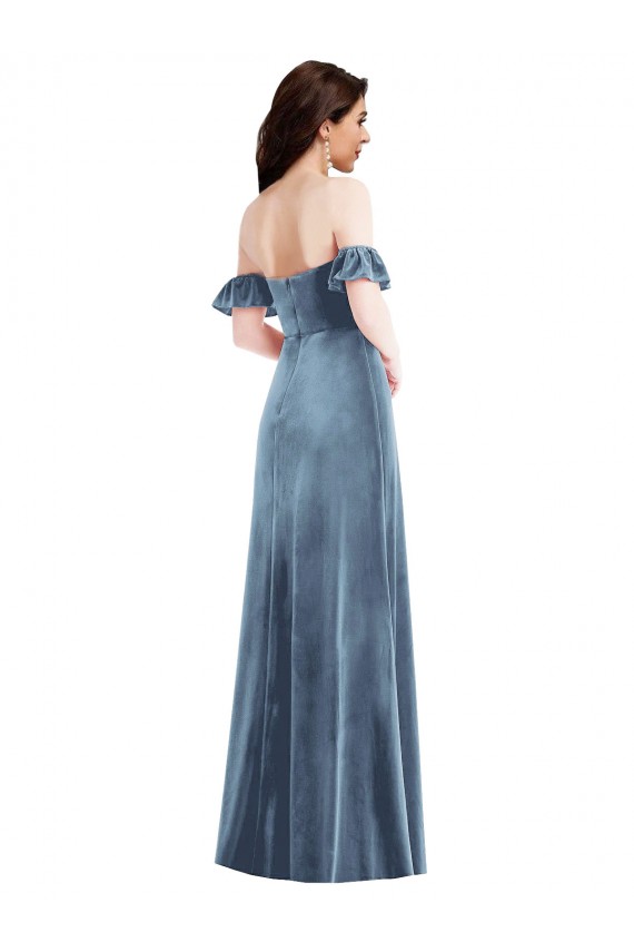 Low Back Dusty Blue A-Line Off the Shoulder Long Formal Dress / Bridesmaid Dress York