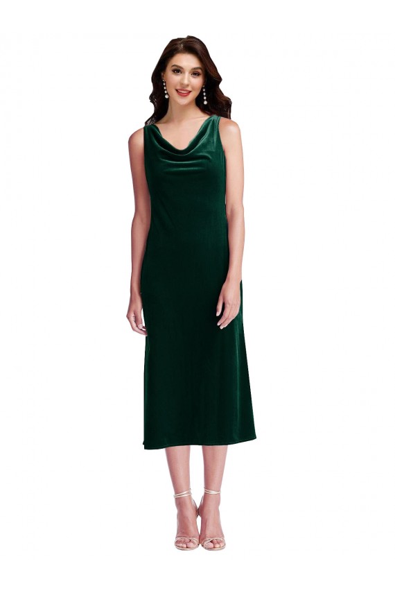 V-Back Dark Green Sheath Cowl Neck Midi Length Evening Gown / Prom Dress / Bridesmaid Dress York