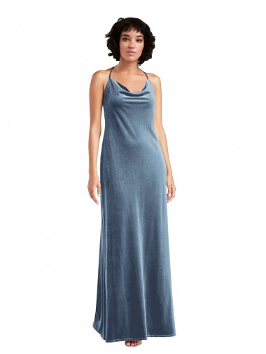 V-Back Dusty Blue Sheath Cowl Neck Long Bridesmaid Dress / Evening Dress York