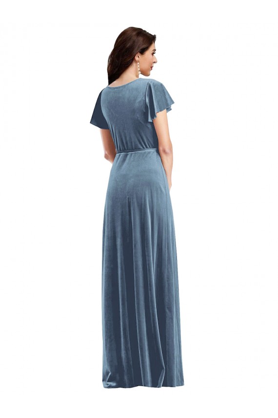 Dusty Blue A-Line V-Neck Long Black Tie Evening Gown / Prom Dress / Bridesmaid Dress York