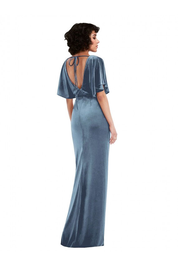 Open Back Dusty Blue Sheath Long Semi Formal Evening Dress / Prom Dress / Bridesmaid Dress York