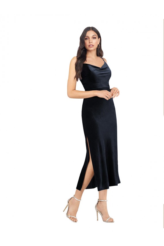 Low Back Dark Navy Column Cowl Neck Midi Length Formal Evening Gown / Prom Dress / Bridesmaid Dress York