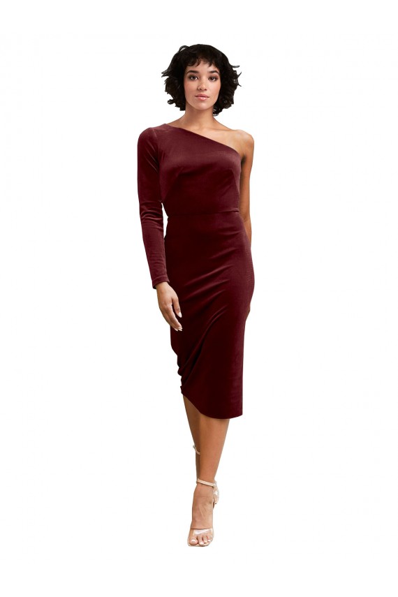 Burgundy A-Line One Shoulder Midi Length Black Tie Prom Dress / Bridesmaid Dress York