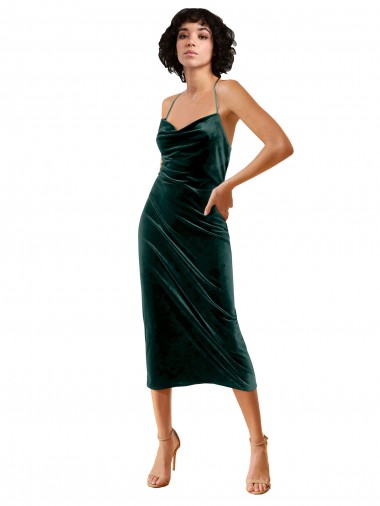 Open Back Dark Green Sheath Cowl Neck Midi Length Formal Dress / Bridesmaid Dress York